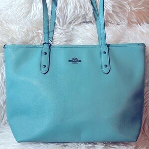 Coach Teal Blue Leather Tote Bag with Silver Accents